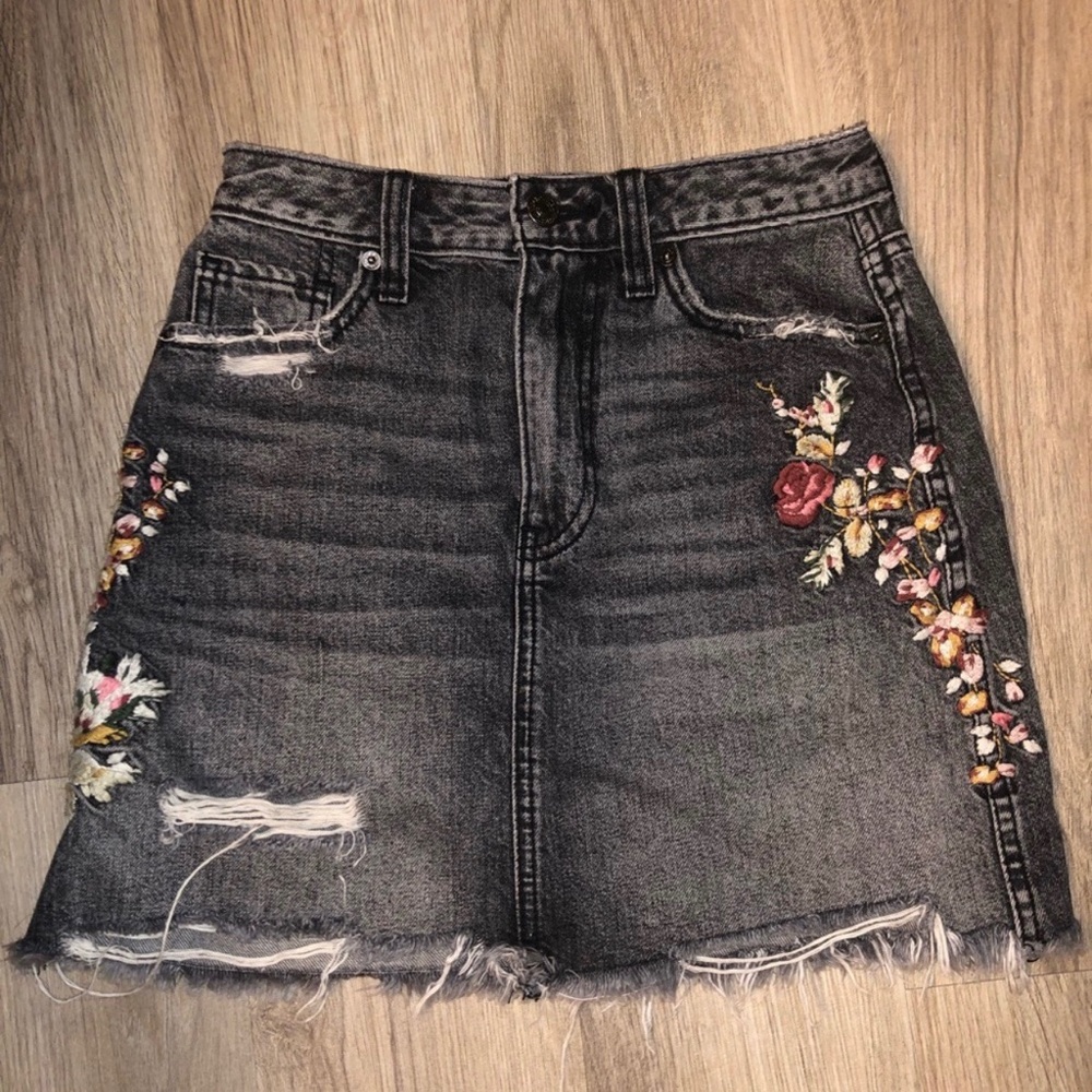 Black denim shirt with floral embroidery